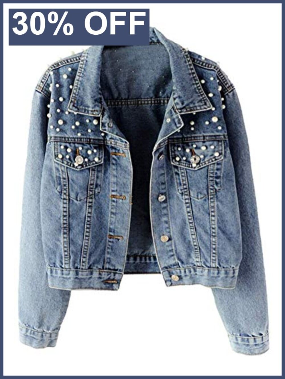 Oversized Denim Jacket Embroidered Pearls Beading Button Up Coat